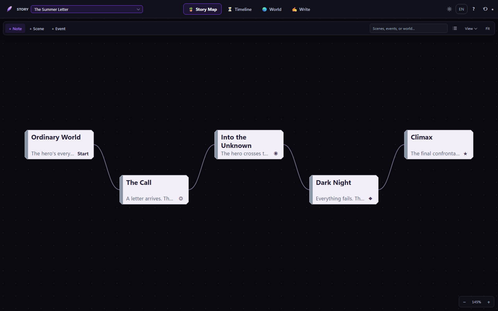 Arcwright Story Map with connected scenes in an example project called The Summer Letter.