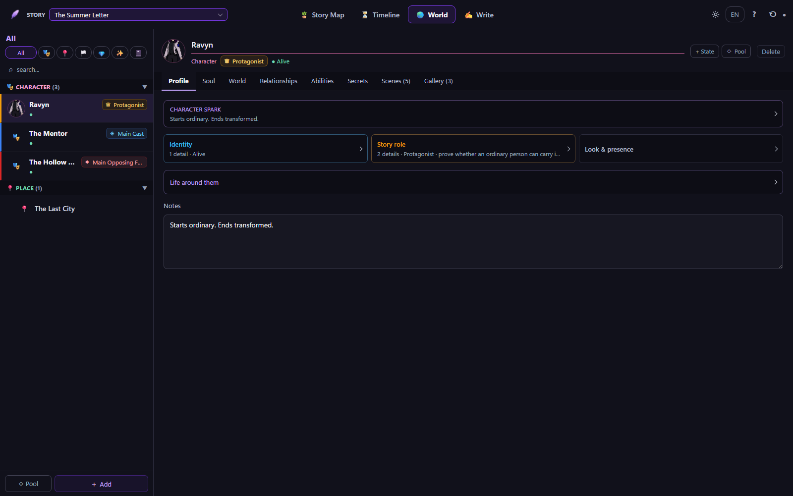 Arcwright World view showing Ravyn’s artwork and editable character details in the example project.