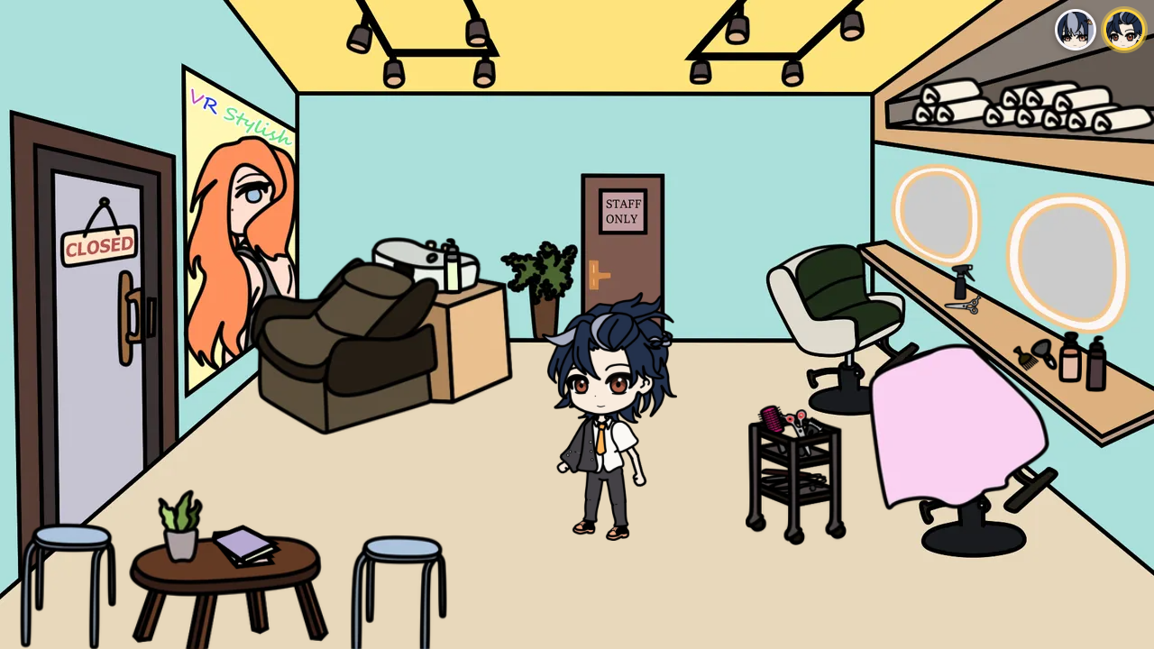 VR Stylish's illustrated salon and characters.